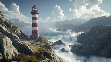 Red and white lighthouse on rocky coast with dramatic ocean waves and mountain backdrop under a partly cloudy sky.