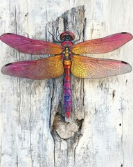 A colorful dragonfly artwork on a textured wooden surface.