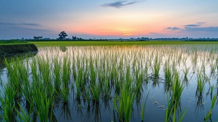 Serene rice field at sunset, reflecting vibrant colors in water.