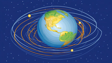 Earth axis diagram illustration showing the tilt of the Earth's rotational axis relative to its orbital plane, explaining the cause of seasonal changes and the distribution of sunlight.