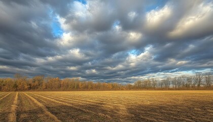 Fototapeta premium A serene landscape featuring a field under a dramatic sky.
