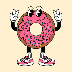Donut retro mascot with hand and foot. Donut and Fast Food Retro vintage mascot cartoon stickers with funny comic characters and gloved hands.