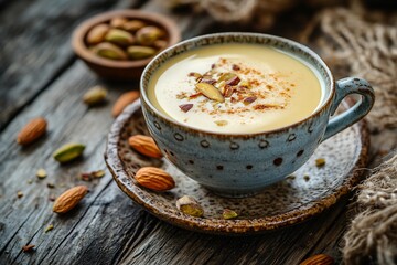 Golden Saffron Milk with Almonds in a Traditional Tea Cup