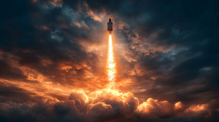 Rocket launching through dramatic sunset clouds.