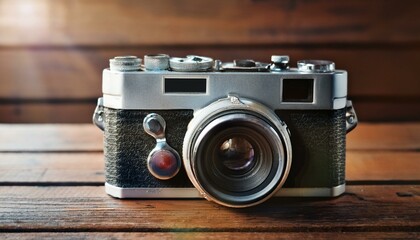 빈티지 카메라와 나무 테이블 오래된 필름 카메라가 질감이 살아 있는 나무 테이블 위에 놓여 있는 모습