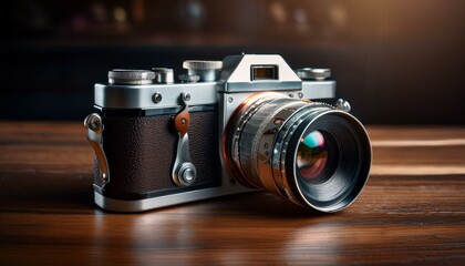 빈티지 카메라와 나무 테이블 오래된 필름 카메라가 질감이 살아 있는 나무 테이블 위에 놓여 있는 모습