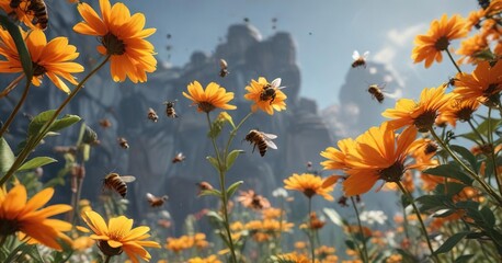 bees flit from one vibrant orange bloom to another, bees and butterflies, orange flowers