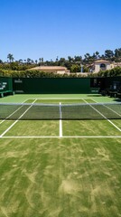Fototapeta premium A tennis court with green surroundings under a clear blue sky.