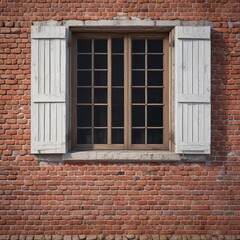 Obraz premium Brick wall with a partially bricked up window and shutters, brick wall, old window