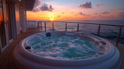 Obraz na płótnie Canvas A luxurious hot tub filled with bubbling water is set on a cruise ship balcony, overlooking the ocean as the sun sets, creating a serene atmosphere.