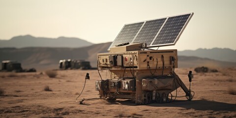 Adaptive power solutions for soldiers in deserts, featuring compact solar panels and field-ready battery systems for extended missions