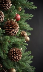 Christmas tree branches with pinecones and ornaments, ornaments, evergreen branches