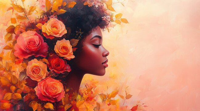 Vibrant Portrait of Trendy African American Woman with Turban and Roses in Watercolor Style