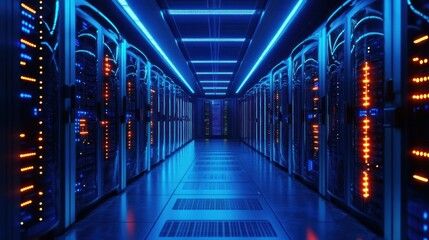 Futuristic Cyberpunk Server Room with Neon Blue Lights and Organized Data Storage