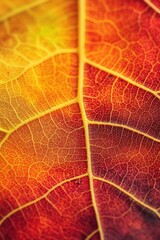 Obraz premium A close-up view of a vibrant autumn leaf showcasing intricate details.