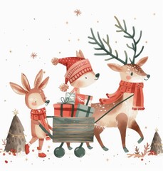 Fototapeta premium Cute Christmas animals illustration: Deer and rabbit pulling gifts, festive design in red color palette with white background and pastel tones