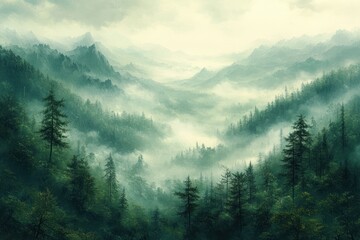 Misty Mountain Landscape in Slovenia with Tranquil Forest and Soft Pastel Colors