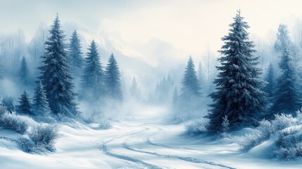 Fototapeta premium Winter Landscape Watercolor Art with Graceful Pine Trees and Gentle Sunlight for Holiday Season and Nature Background