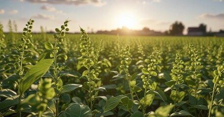 Closeup of soybeans in a field with a sunny background, fields, agriculture