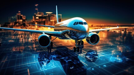 Fototapeta premium Airplane and tech visualization emphasizing integration of AI, smart sensors, and real-time data in aviation