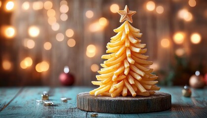 Whimsical Christmas Tree Made of Golden French Fries on Rustic Wooden Table