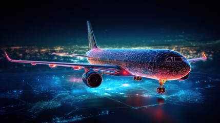 Airplane with digital effects, surrounded by data streams and holographic routes connecting global destinations