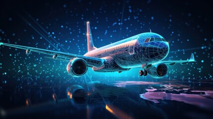Airplane with digital effects, surrounded by data streams and holographic routes connecting global destinations
