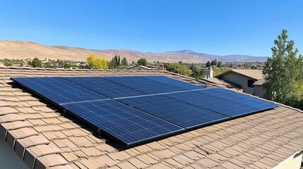 Residential solar panel installation on brown tile roof.