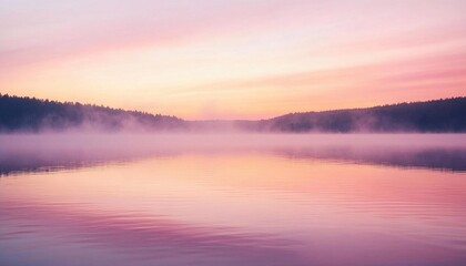 Obraz premium Serene lake at dawn, reflecting soft pastel colors and mist.