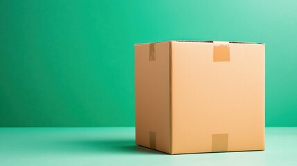 A simple, brown cardboard box sits against a vibrant green background, highlighting its shape and texture in a minimalistic setting.