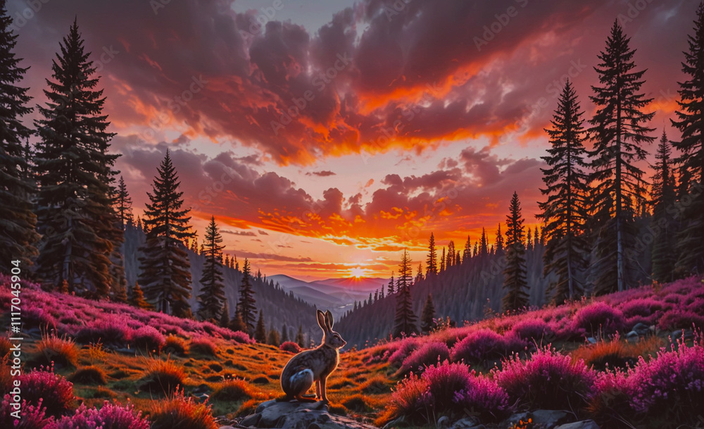 Aufkleber rabbit is sitting in a field of flowers. the sky is orange and pink. there are trees in the backgrou
