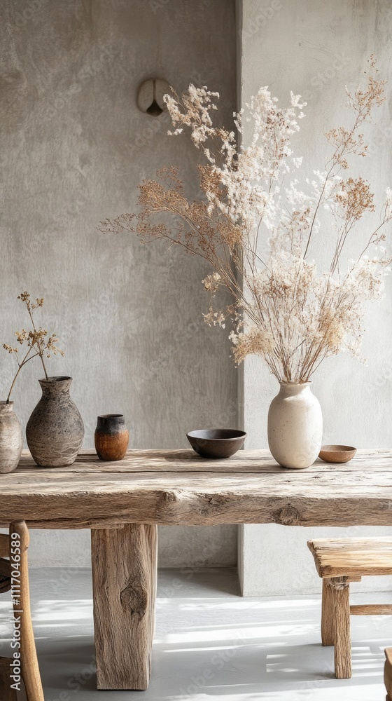 Fototapete A beautifully crafted driftwood dining table showcases an array of rustic pottery and a stunning vase filled with dried flowers, creating a tranquil atmosphere in a minimalist room