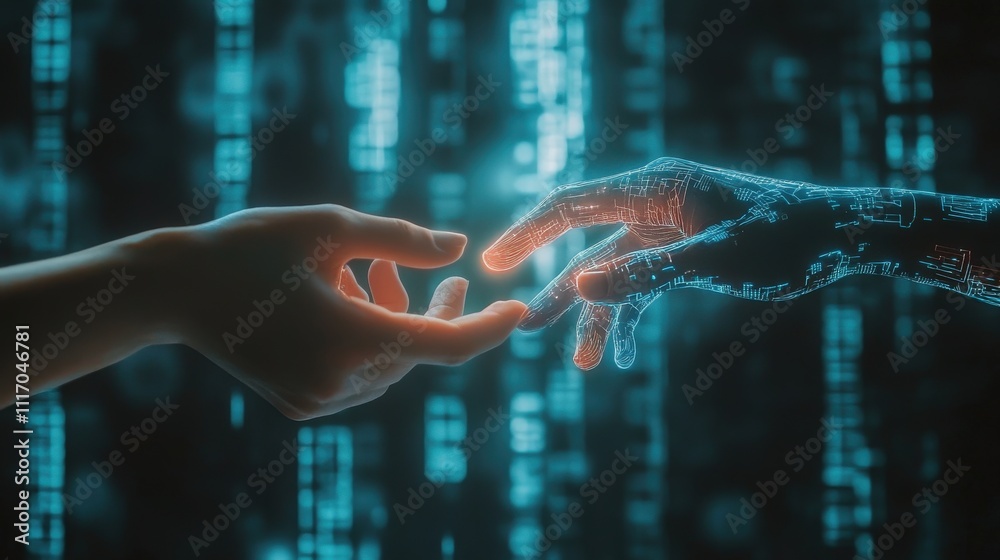 Leinwandbilder human and robot hand reaching towards each other in a futuristic digital environment, symbolizing co