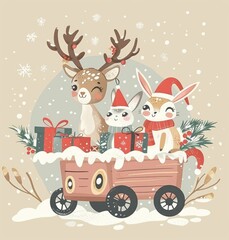 Naklejka premium Holiday winter scene: Christmas Card animals, reindeer in scarf, bunnies, and gift cart with snowflakes, pastel tones, and beige Christmas design