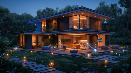 Obraz premium modern smart home illuminated at night, showcasing automated systems and lush landscaping. design features large windows, spacious patio, and cozy atmosphere