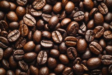 Fototapeta premium Close-up of roasted coffee beans spread evenly across the frame