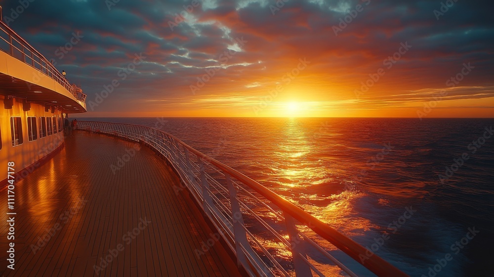 Aufkleber the sun sets on the horizon as a cruise ship sails through the calm sea, illuminating the deck with 