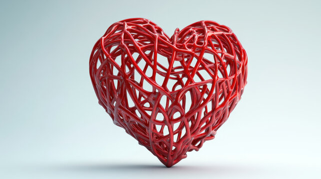 3D red heart made of intertwined branches on light background, symbolizing love and connection. This artistic representation evokes feelings of warmth and affection