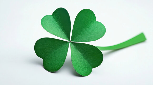 vibrant green four leaf clover made of paper, symbolizing luck and good fortune. Its heart shaped leaves are beautifully arranged, creating charming and whimsical appearance