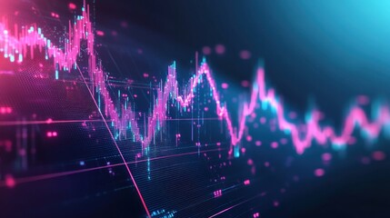 Abstract glowing pink and blue digital stock market graph data visualization.