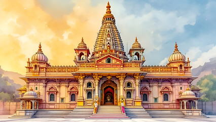 Fototapeta premium Watercolor religious background of Shri Ram Janmbhoomi Teerth Kshetra Ram Mandir Temple in Ayodhya birth place Lord Rama