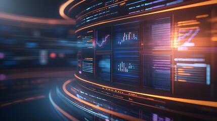 Virtual set for digital news broadcasts featuring animated graphics, data streams, and a futuristic design ideal for modern media presentations