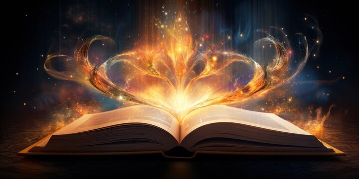 Book of wisdom and magic, glowing with radiant light, surrounded by swirling particles and floating symbols of enlightenment