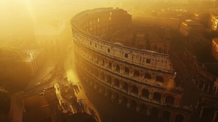 Ancient Colosseum in Rome, bathed in soft golden light during sunset