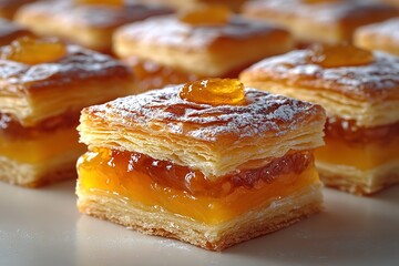 A close-up shot of several flaky pastries filled with a bright orange fruit filling and topped with a jewel-toned jelly.