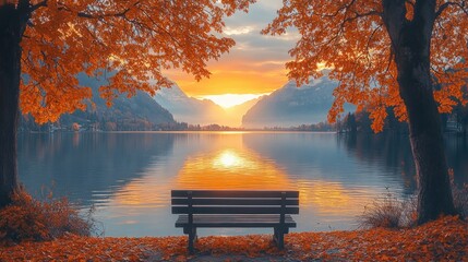 Obraz premium Autumn Sunset Landscape with Maple Trees and Tranquil Lake