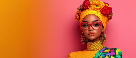 Obraz premium Confident Fashionista with Floral Crown and Rose Bouquet in Vibrant Pink Background - AI Generated Gender Claim Image