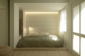 Modern Bright Bedroom with White Oak and Olive Green Accents