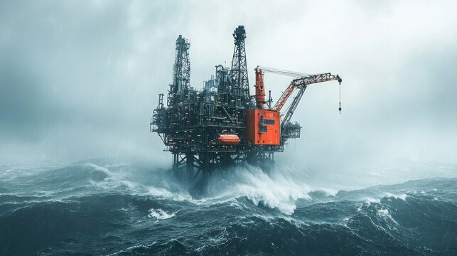 An oil rig stands resilient amidst stormy seas, showcasing the intersection of industry and nature's raw power.
