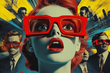 Surprised Woman with Red Hair in 3D Glasses Watching Cinema with Vibrant Background and Serious Men